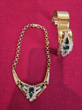 Antique Art Deco Gold-Tone Emerald & Crystal Necklace and Cuff Bracelet Set